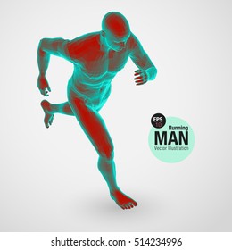 3d running man, red and green color. Polygonal vector. Sport illustration