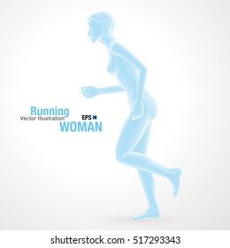 3d running woman, blue colored . Polygonal vector. Sport illustration