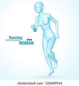 3d running woman, blue colored . Polygonal vector. Sport illustration