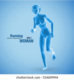 3d running woman, blue colored . Polygonal vector. Sport illustration