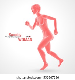 3d running woman, red colored . Polygonal vector. Sport illustration