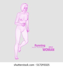 3d running woman. Wireframe vector. Fitness illustration