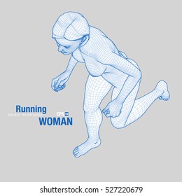 3d running woman. Wireframe vector. Fitness illustration