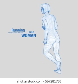 3d running woman. Wireframe vector. Fitness illustration