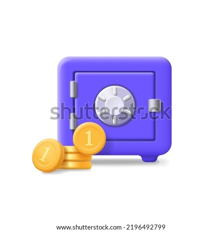 3d safe box and coins. Gold stack and closed safe, money saving, financial safety
