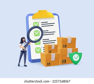 3D safe delivery business concept. Logistics, woman looking through magnifying glass at checklist and boxes. Product quality control inspection or test procedure focused. 3D render vector illustration