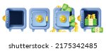 3D safe icon set, vector bank money open iron box, closed isolated vault, golden coin stack, lock. Safe deposit concept, financial security business cartoon illustration. Full 3D safe dollar storage