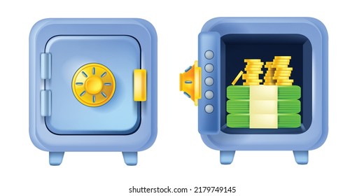 3D Safe Icon Set, Vector Bank Money Open Iron Box, Golden Coin Stack, Lock, Closed Isolated Vault. Safe Deposit Concept, Financial Security Business Cartoon Illustration. Full 3D Safe Dollar Storage