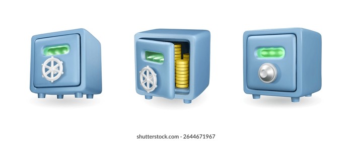 ilustração de vetor de ícone de cofre 3d. Conjunto de cofre de banco aberto e fechado, isolado no fundo branco.