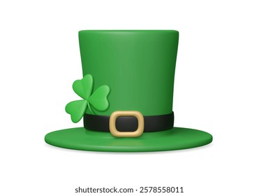 3d Saint Patrick top hat with shamrock. Сlover leaf. Isolated vector illustration. Irish holiday element. Lucky icon.