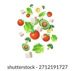 3D Salad falling cartoon vector illustration. Flying salad with red tomatoes, cheese, cucumber, spinach and lettuce concept. Fresh salad leaves. Popular culinary leaf set for cooking. Green Lettuce