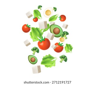 3D Salada queda desenho animado vetor ilustração. Salada voadora com tomates vermelhos, queijo, pepino, espinafre e conceito de alface. Folhas de salada frescas. Folhas culinárias populares para cozinhar. Alface Verde
