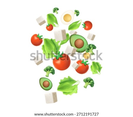 3D Salad falling cartoon vector illustration. Flying salad with red tomatoes, cheese, cucumber, spinach and lettuce concept. Fresh salad leaves. Popular culinary leaf set for cooking. Green Lettuce