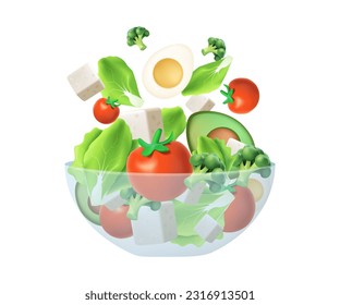 3D Salad falling into bowl cartoon icons vector illustration.. Flying salad with red tomatoes, cheese, cucumber, spinach and lettuce concept cooking. 3D illustration isolated on white