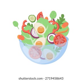 3D Ensalada cayendo en el tazón de dibujos animados iconos Ilustración vectorial.. Ensalada voladora con tomates rojos, queso, pepino, espinacas y lechuga concepto de cocina. Ilustración 3D aislada en blanco