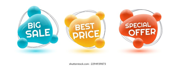 3d sale badge, sticker or label set. Special offer, Best price, Big sale abstract liquid shape design. Discount, promotion colorful banner templates. Vector illustration. 