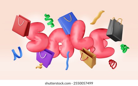 3D sale balloon sign and shopping bag. Render shopping banner with realistic gift bags. Sale discount or clearance concept. Online or retail shopping symbol. Fashion handbag. Vector illustration