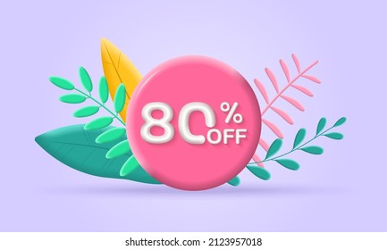 3d Sale banner. 80 percent price off label or icon with leaves. Discount badge or price tag. Promotion poster or card design template. Vector illustration.