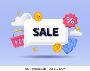 3D sale banner. Emoji, banknotes, shopping cart, 50 percents. Discounts and promotions. Special limited offer for regular customers. Isometric vector illustration isolated on blue background