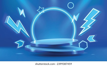 3d sale banner. Flash podium, neon stage, product platform in neon lights, battery power show, glowing electric lightning. Shop promotion background. Vector cyber design for presentation