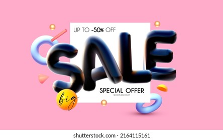 3D sale banner with text and geometric elements on pink background