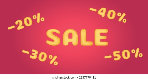 3.ª Pancarta de venta. Fondo vectorial en color viva magenta. Venta de textos y descuentos 20, 30, 40, 50 por ciento. Números dorados y signos. Plantilla web de publicidad de moda.