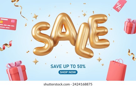 3d sale banner. sale word balloon with credit card, shopping bags, gift box, price tag and confetti elements flying around. 3d rendering. Vector illustration