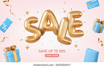 3d sale banner. sale word balloon with credit card, shopping bags, gift box, price tag and confetti elements flying around. 3d rendering. Vector illustration