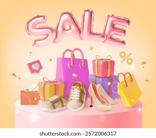 3d Sale Clothing and Shoes Concept Ads Banner Poster Card. Vector illustration of Podium Scene and Paper Bag