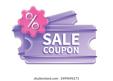 3D sale coupon icon, shopping voucher vector badge, marketing discount tag business gift sticker. Promo special offer membership concept, certificate online promotion code. Sale coupon percent label