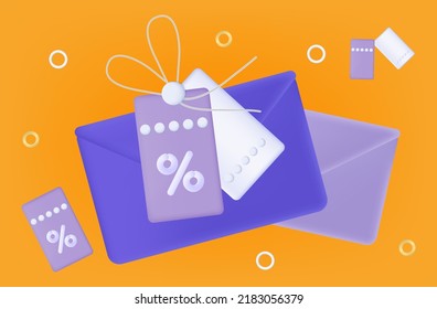 3d Sale Coupon, Voucher. Modern Vector Banner, Profitable Discounts, Low Interest, Loyalty Program. Flying Coupons In An Envelope, A Successful Purchase, Advertising Promotion Of New Special Offers.