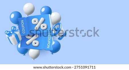 3d Sale coupons blue background with holiday balloons, gift box and megaphone. Shopping and retail vector illustration.