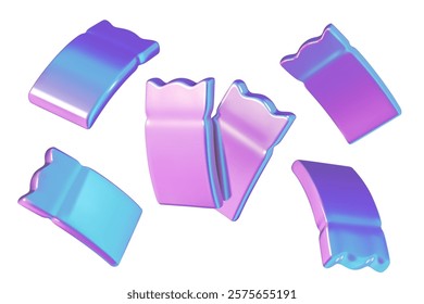 3D sale coupons flying in different positions. Holographic gradient gift vouchers or tickets with empty space for text. Vector illustrations isolated on white background.