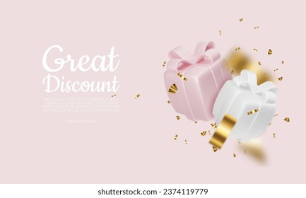 3D Sale design with gift boxes shiny confetti.