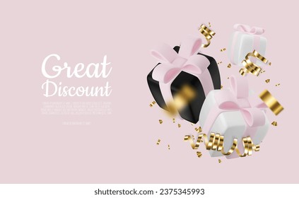 3D Sale design with gift boxes shiny confetti.