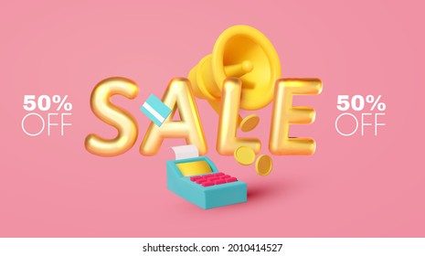 3d Sale design template with cash register and megaphone. Spaceial offer space.