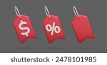 3D sale discount price tags set vector illustration. Red 3D dollar price tag, percent promo offer label, empty blank gift card. Special price coupon, discount promotion, online shopping banners.