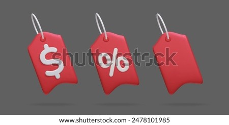 3D sale discount price tags set vector illustration. Red 3D dollar price tag, percent promo offer label, empty blank gift card. Special price coupon, discount promotion, online shopping banners.