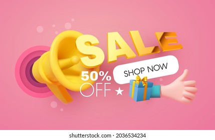 3D Sale Gold Design With Megaphone And Thumbs Up Hand Sign. Special Offer Render Space.