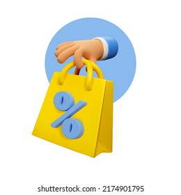 3d sale, hand holding shopping bag icon. Discount concept, vector render illustration isolated on white background. Online shopping design element