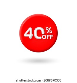 3d Sale label or icon with 40 percent price off. Circle discount badge or price tag for promo design. Vector illustration.