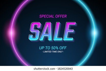 3d sale label text in glowing circle neon light color effect