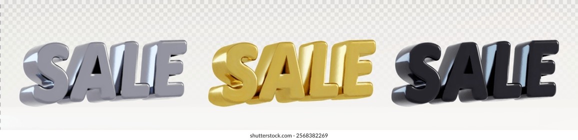 3D sale lettering set in metallic textures - silver chrome, luxury gold, elegant black. Bold text for premium discount promotions, exclusive coupon designs and retail marketing special offer.