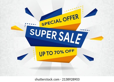 3d sale modern element banner with text Super Sale for emotion and motivation. colorful web template on grey gradient backdrop design. Discount vector Illustration with dot halftone pattern