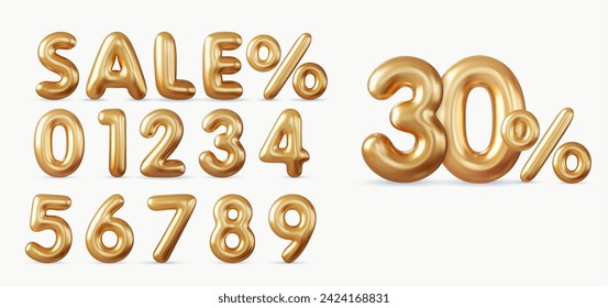 3d Venta de un conjunto de promoción de descuento hecho de números realistas de globos de helio de oro 3d. 3 quinquies de representación. Ilustración del vector