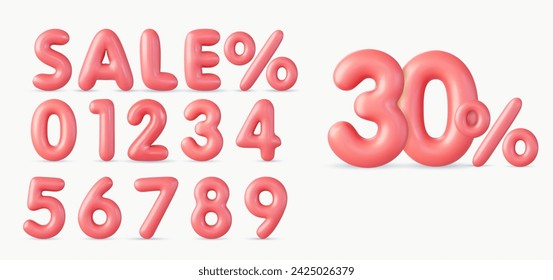 3d Sale off discount promotion set made of realistic numbers 3d red helium balloons. 3d rendering. Vector illustration