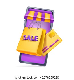 3D sale online shopping vector illustration, purchase bag, payment card, smartphone screen on white. Special promotion discount badge, e-commerce customer offer concept. 3D digital sale retail clipart