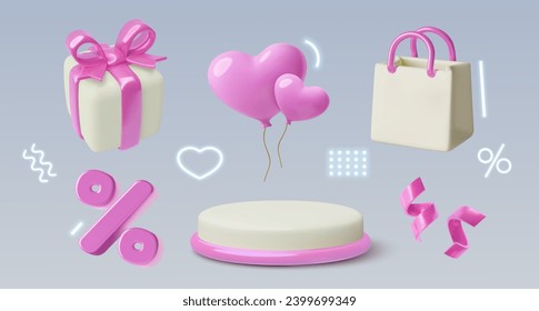 3D Sale pink design elements and neon glow decorative shapes collection. Vector three dimensional objects set - podium, shopping bag, percentage sign, gift box, heart balloons, confetti.