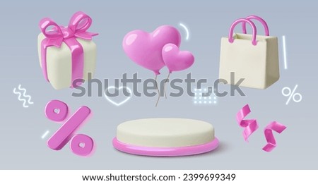 3D Sale pink design elements and neon glow decorative shapes collection. Vector three dimensional objects set - podium, shopping bag, percentage sign, gift box, heart balloons, confetti.