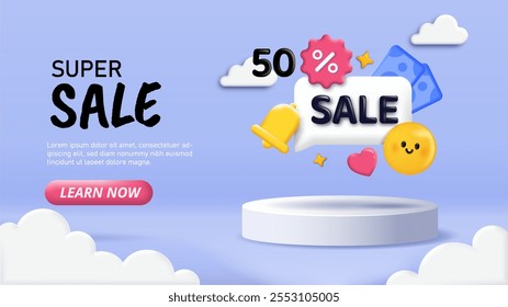 3D sale with podium. Emoji, banknotes, pedestal, 50 percents. Discounts and promotions. Special limited offer. Landing page design. Isometric vector illustration isolated on blue background